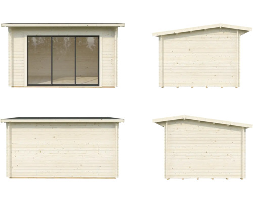 Ansichten eines Gartenhauses aus Holz mit Schiebetür