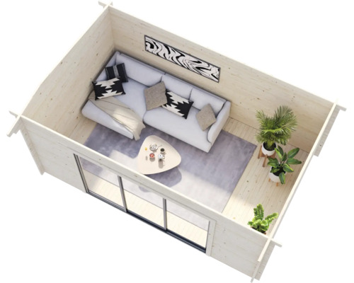 Innenansicht eines Gartenhauses mit Sofa, Tisch, Pflanzen und Schiebetür