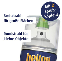 Sprühdose mit zwei Sprühköpfen: Breitstrahl für große Flächen und Rundstrahl für kleine Objekte