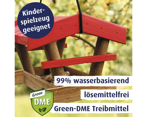 Vogelhaus aus Holz mit Hinweis Kinderspielzeug geeignet, 99% wasserbasiert, lösemittelfrei, Green-DME Treibmittel
