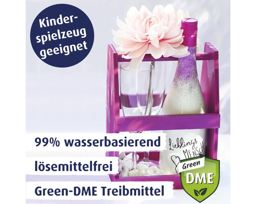 Dekorative Szene mit Produktsiegeln für Kinderspielzeug geeignet, 99 Prozent wasserbasiert, lösemittelfrei und Green-DME Treibmittel