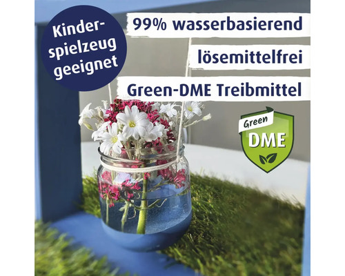 Dekoration mit Hinweisen zu Produkteigenschaften: geeignet für Kinderspielzeug, 99 Prozent wasserbasiert, lösemittelfrei, Green-DME Treibmittel, Green DME Siegel