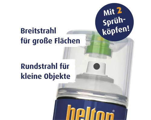 Farbspraydose mit zwei Sprühköpfen: Breitstrahl für große Flächen und Rundstrahl für kleine Objekte