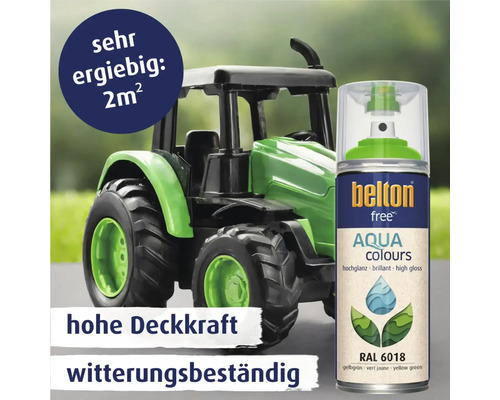 Belton Aqua Colours Sprühlack Dose neben einem Spielzeugtraktor