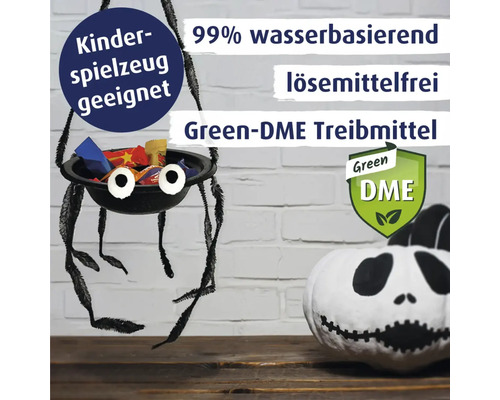 Dekoration mit Spinne, Kürbis, den Aufschriften Kinderspielzeug geeignet, 99% wasserbasierend, lösemittelfrei und Green-DME Treibmittel sowie dem Green DME Siegel