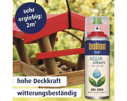 Belton Free Aqua Colours Lackspraydose neben einem rot lackierten Vogelhaus