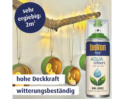 Belton Free Aqua Farbspraydose Laubgrün neben Dekoration mit Teelichtern