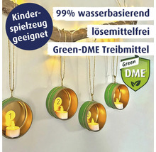 Dekoration mit Teelichthaltern, Aufschrift: für Kinderspielzeug geeignet, 99 Prozent wasserbasiert, lösemittelfrei, Green-DME Treibmittel, Green-DME Siegel