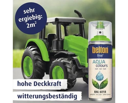 Belton Free Aqua Colours Lackspraydose neben Spielzeugtraktor
