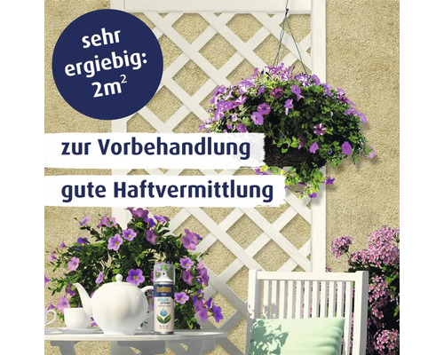 Gestaltungsidee Garten mit Rankgitter, Blumenampel, Tisch, Stuhl, Teekanne, Tasse, und Belton Aqua Primer Dose