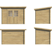 Gartenhaus aus Holz mit Doppeltür und Pultdach in verschiedenen Ansichten