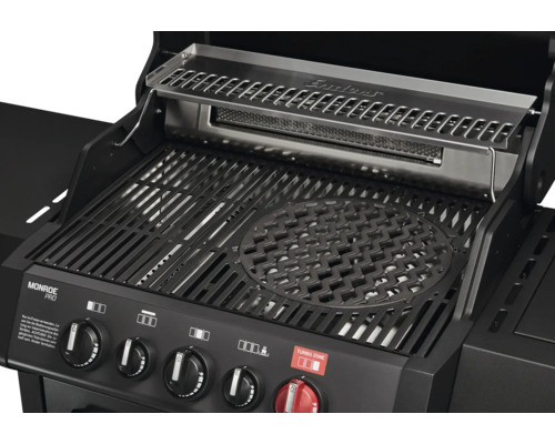 Gasgrill mit Grillrost, Warmhalterost und Bedienknöpfen