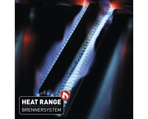Nahaufnahme eines Grills mit dem Heat Range Brennersystem.