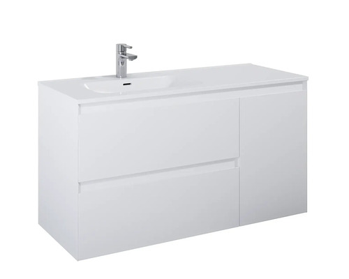 Weißer Waschtisch mit zwei Schubladen und einem Schrankfach inklusive Armatur.