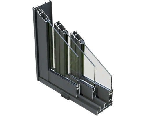 Querschnitt eines grauen Fensters mit Dreifachverglasung
