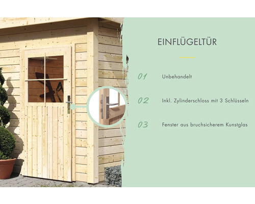Unbehandelte Blockbohlentür mit Zylinderschloss und Kunstglasfenster