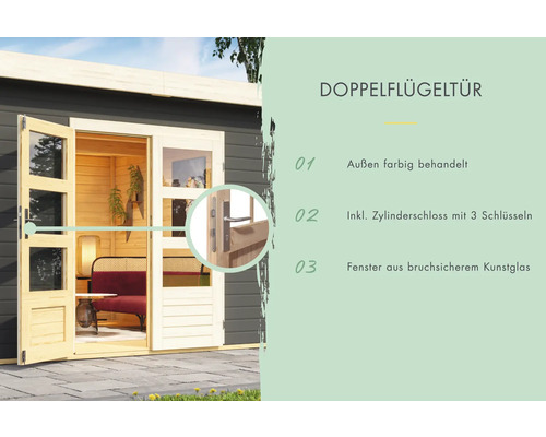 Doppelflügeltür mit farbiger Behandlung, Zylinderschloss und bruchsicherem Kunstglas