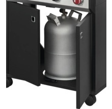Gasgrill mit geöffneten Türen und Gasflasche