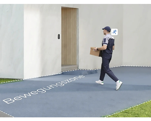 Bewegungszone vor einem Haus mit einer Türklingel und einem Paketboten