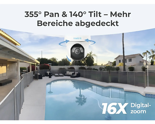 Reolink Überwachungskamera mit 355 Grad Schwenk- und 140 Grad Neigefunktion überblickt einen Pool im Garten mit digitalem 16-fach Zoom