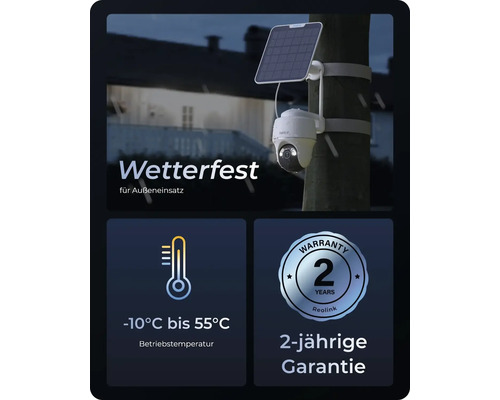 Reolink Überwachungskamera mit Solarpanel zur Außenanwendung, Betriebstemperatur -10 Grad Celsius bis 55 Grad Celsius, zwei Jahre Garantie