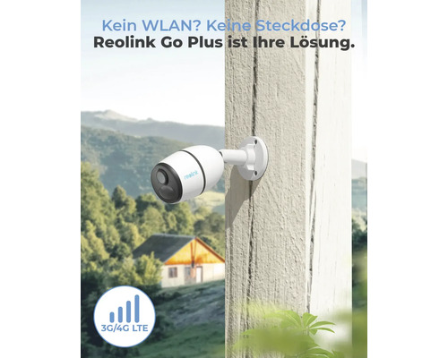 Reolink Go Plus Überwachungskamera für den Außenbereich mit 3G und 4G LTE an einer Wand montiert.