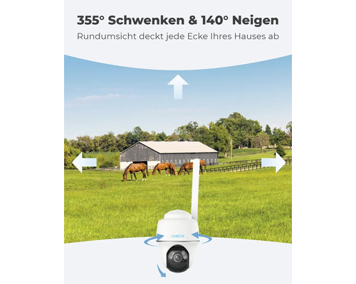 Reolink Überwachungskamera mit 355 Grad Schwenkbereich und 140 Grad Neigung in Außenaufnahme