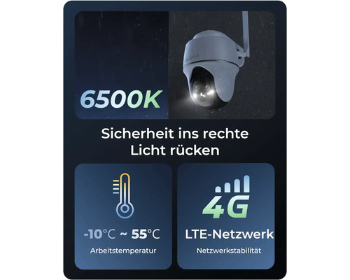 Außenkamera mit 6500 Kelvin Farbtemperatur, Betriebstemperatur von -10 bis 55 Grad und 4G LTE Netzwerk