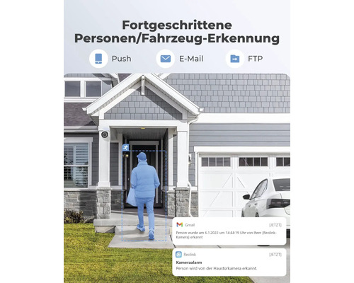 Personen und Fahrzeugerkennung mit Push Benachrichtigung, E-Mail und FTP Übertragung.