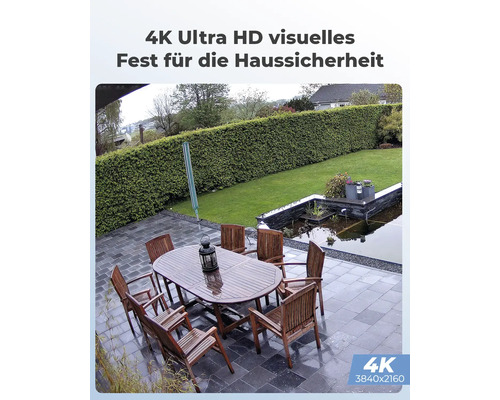 Szene eines Gartens mit Tisch und Stühlen, aufgenommen in 4K Ultra HD für die Haussicherheit