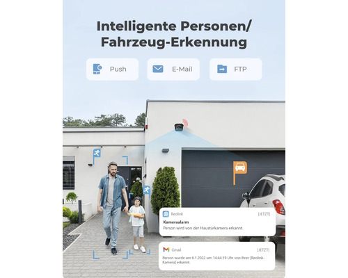 Überwachungskamera mit intelligenter Personen- und Fahrzeugerkennung vor Haus