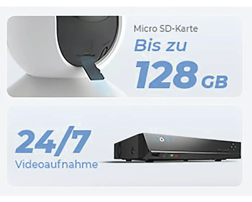 Micro-SD-Karte bis zu 128 GB und 24/7 Videoaufnahme