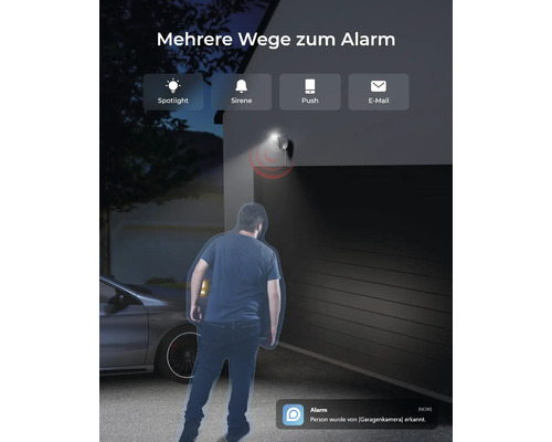 Außenansicht eines Hauses mit Garagentor, Auto und einer Überwachungskamera, die einen Mann erkennt und Alarme per Spotlight, Sirene, Push-Nachricht und E-Mail sendet.