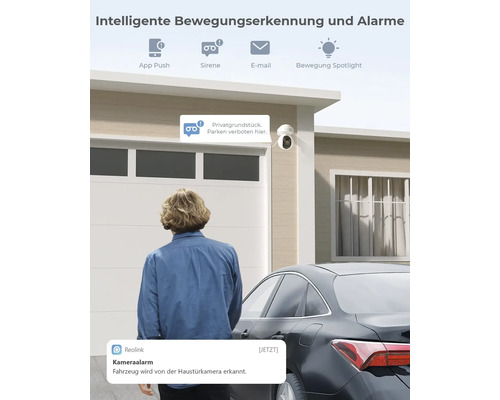 Szene mit intelligenter Bewegungserkennung und Alarmfunktionen einer Reolink Überwachungskamera an einem Haus.