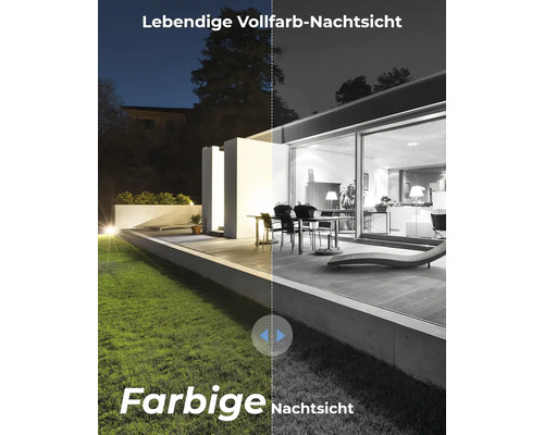 Darstellung einer Farbnachtsicht-Funktion im Außenbereich eines Hauses.