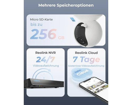 Mehrere Speicheroptionen für die Reolink Überwachungskamera: Micro SD-Karte bis zu 256 GB, Reolink NVR 24/7 Videoaufzeichnung, Reolink Cloud 7 Tage kostenlose Videoaufzeichnung