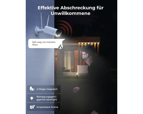 Sicherheitskamera zur Abschreckung von Einbrechern mit Zwei-Wege-Gespräch, bewegungsgesteuertem Spotlight und anpassbarer Sirene