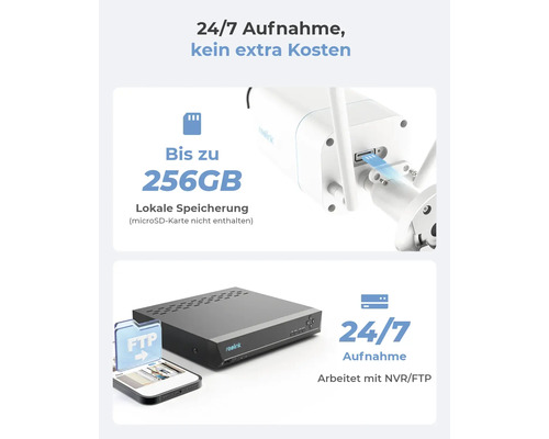 Überwachungskamera mit lokaler Speicherung bis zu 256 GB und 24/7 Aufnahme mit NVR/FTP