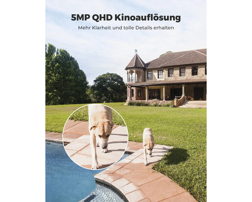Außenaufnahme eines Hauses mit Garten, aufgenommen mit einer 5MP QHD Kamera, die Details wie Hunde und Pool klar erfasst.