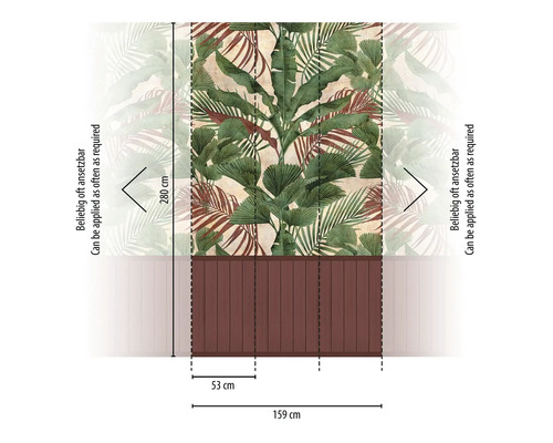 Wandbild mit tropischen Pflanzen und Maßangaben zur Anbringung
