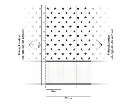 Technische Zeichnung einer Bordüre mit Sternenmuster und Größenangaben.