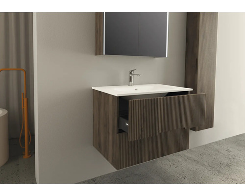 Badezimmer mit Waschtischunterschrank, Waschbecken, Spiegelschrank und Hochschrank