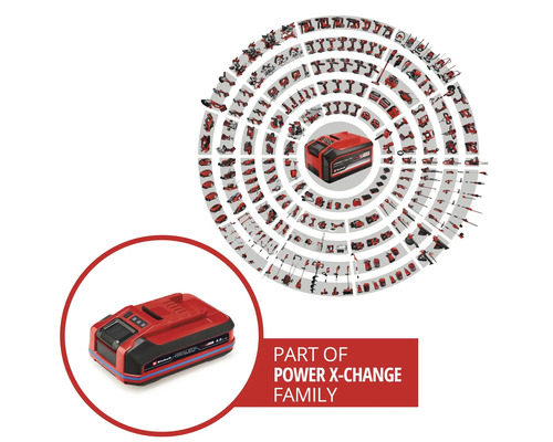 Einhell Power X-Change Akku mit verschiedenen Elektrowerkzeugen im Hintergrund