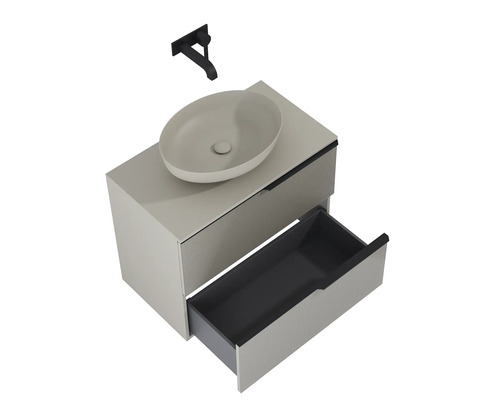 Waschtisch mit Aufsatzwaschbecken, Schublade offen und Armatur