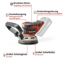 Einhell Logo, Akku Exzenterschleifer mit Staubabsaugung, variabler Schleifgeschwindigkeit und 125 Millimeter Schleifteller