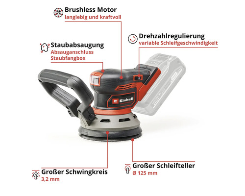 Einhell Logo, Akku Exzenterschleifer mit Staubabsaugung, variabler Schleifgeschwindigkeit und 125 Millimeter Schleifteller