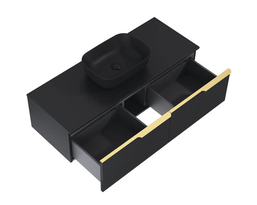 Waschtischunterschrank mit Aufsatzwaschbecken und offenen Schubladen