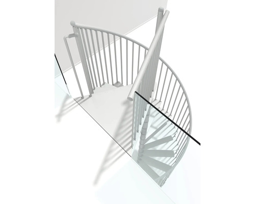 Wendeltreppe aus Metall mit Glasgeländer