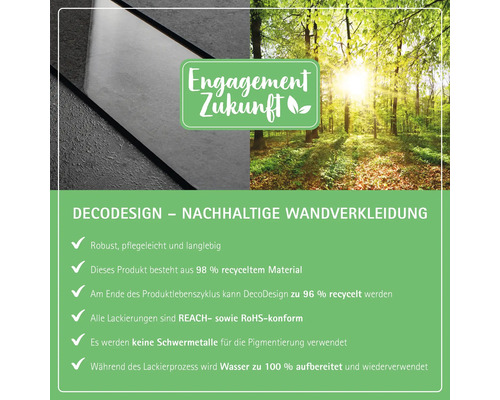 DecoDesign nachhaltige Wandverkleidung: robust, pflegeleicht, langlebig, aus recyceltem Material, REACH- und RoHS-konforme Lackierungen, Engagement Zukunft