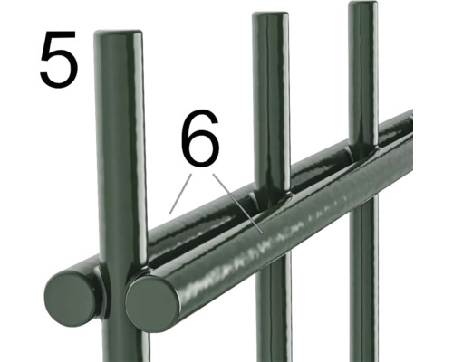 Detailansicht eines Metallzauns mit Pfosten und Querstreben, nummeriert zur Kennzeichnung einzelner Elemente.